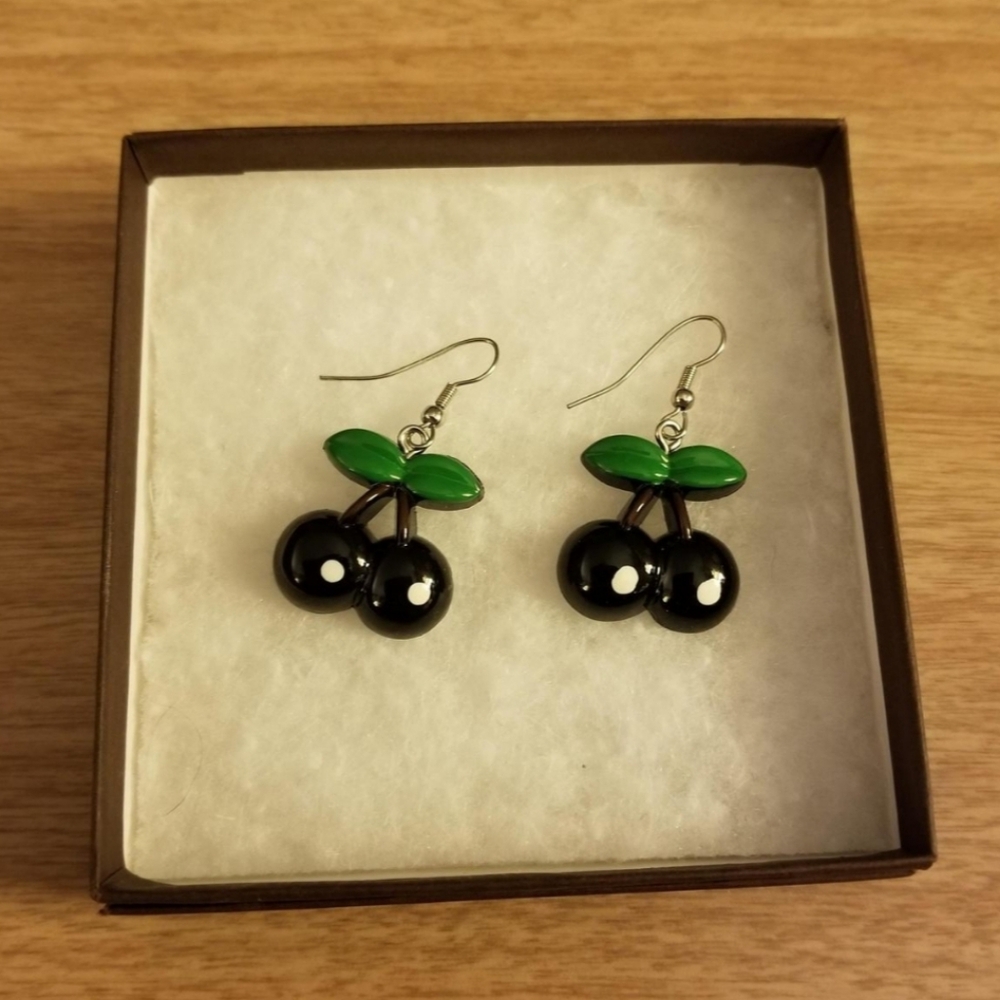 BNWOT Black Cherry Drop Pierced Earrings with Green Leaves.